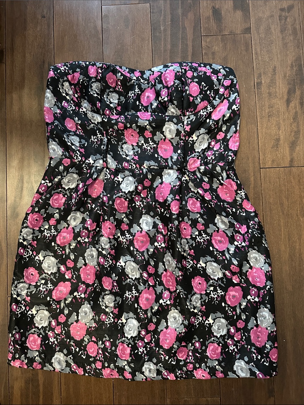 Charlotte Russe Black Strapless Dress with Pink & Gray Floral Print